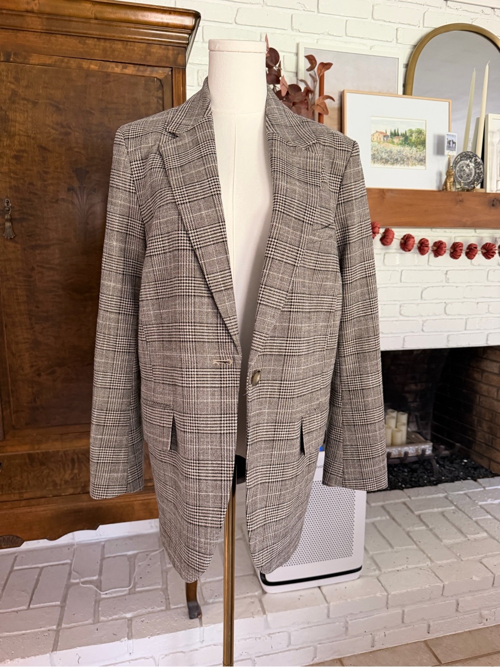 H&M Plaid Single-Button Blazer in Brown, Tan and Black